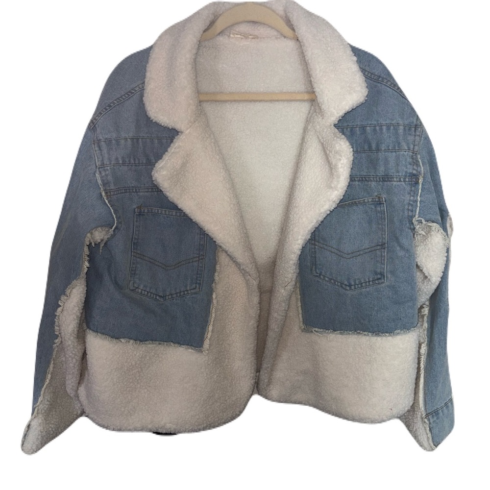 BiBi | Women's Blue and Cream Oversized Denim Sherpa Open Front Jacket | Sz XL